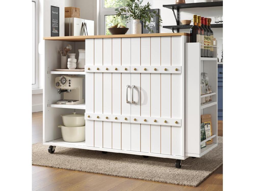 Vente Unique Ilot Central De Cuisine Mobile - Plateau Extensible - 3 Tiroirs - Avec étagère à épices Et Porte-serviettes - MDF - Blanc