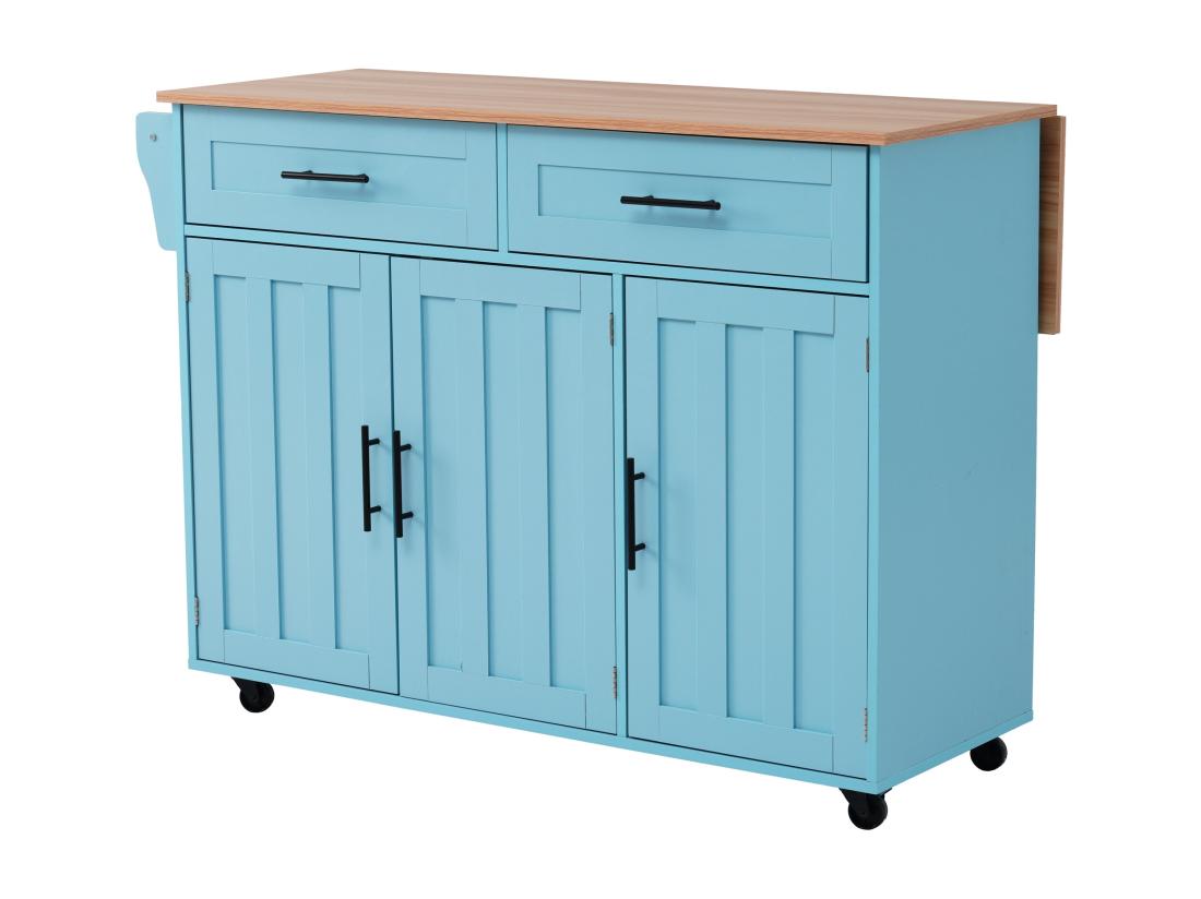 Vente Unique Ilot Central De Cuisine Mobile - Plateau Extensible - 2 Tiroirs + Portes D'armoire De Rangement - Bleu Ciel