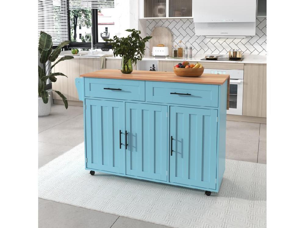 Vente Unique Ilot Central De Cuisine Mobile - Plateau Extensible - 2 Tiroirs + Portes D'armoire De Rangement - Bleu Ciel