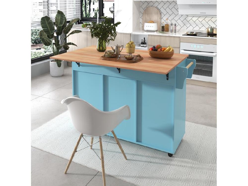 Vente Unique Ilot Central De Cuisine Mobile - Plateau Extensible - 2 Tiroirs + Portes D'armoire De Rangement - Bleu Ciel