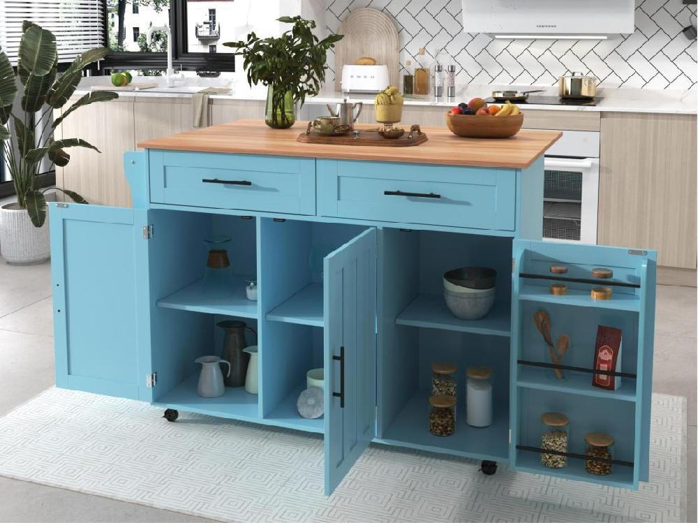 vente unique Ilot central de cuisine mobile - Plateau extensible - 2 tiroirs + portes d'armoire de rangement - Bleu Ciel