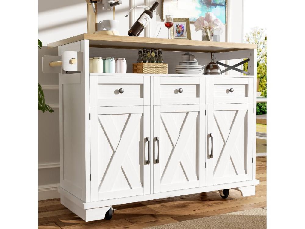 Vente Unique Ilot Central De Cuisine Mobile - Plateau Extensible - 3 Tiroirs Et 3 Portes - étagères Ouvertes - Avec Porte-serviettes - MDF - Blanc