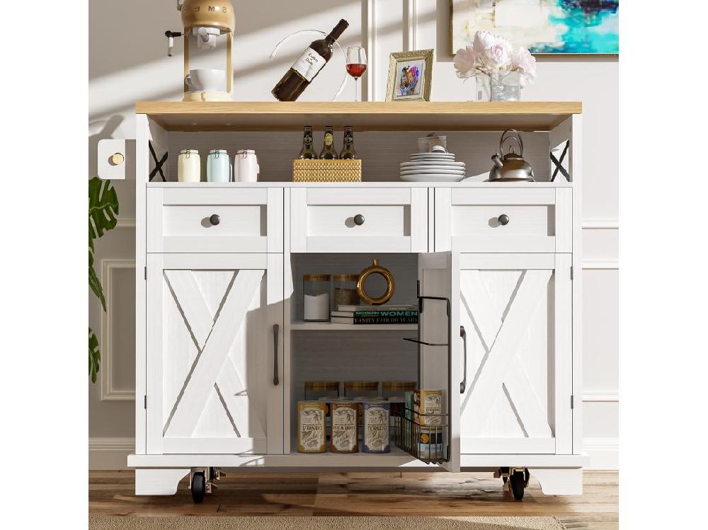 Vente Unique Ilot Central De Cuisine Mobile - Plateau Extensible - 3 Tiroirs Et 3 Portes - étagères Ouvertes - Avec Porte-serviettes - MDF - Blanc