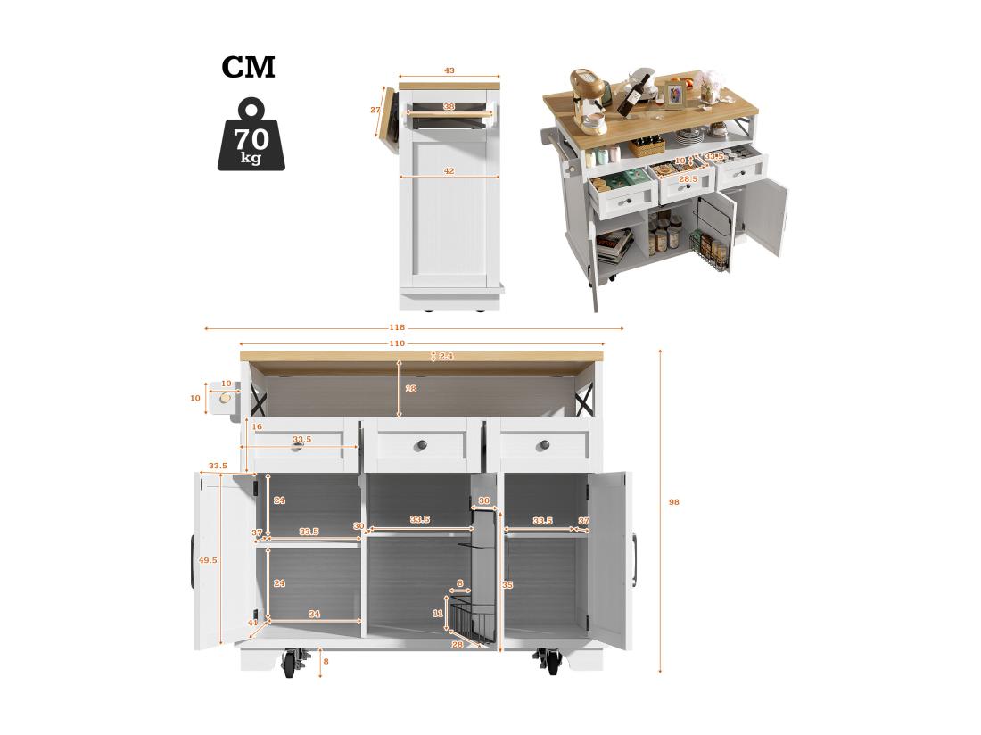 Vente Unique Ilot Central De Cuisine Mobile - Plateau Extensible - 3 Tiroirs Et 3 Portes - étagères Ouvertes - Avec Porte-serviettes - MDF - Blanc