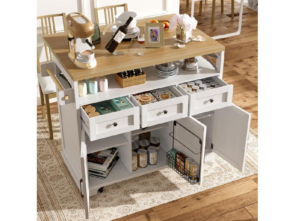 vente unique Ilot central de cuisine mobile - Plateau extensible - 3 tiroirs et 3 portes - étagères ouvertes - avec porte-serviettes - MDF - blanc