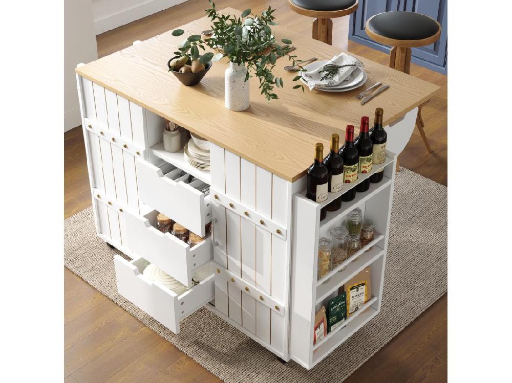vente unique Ilot central de cuisine mobile - Plateau extensible - 3 tiroirs - Avec étagère à épices et porte-serviettes - MDF - Blanc