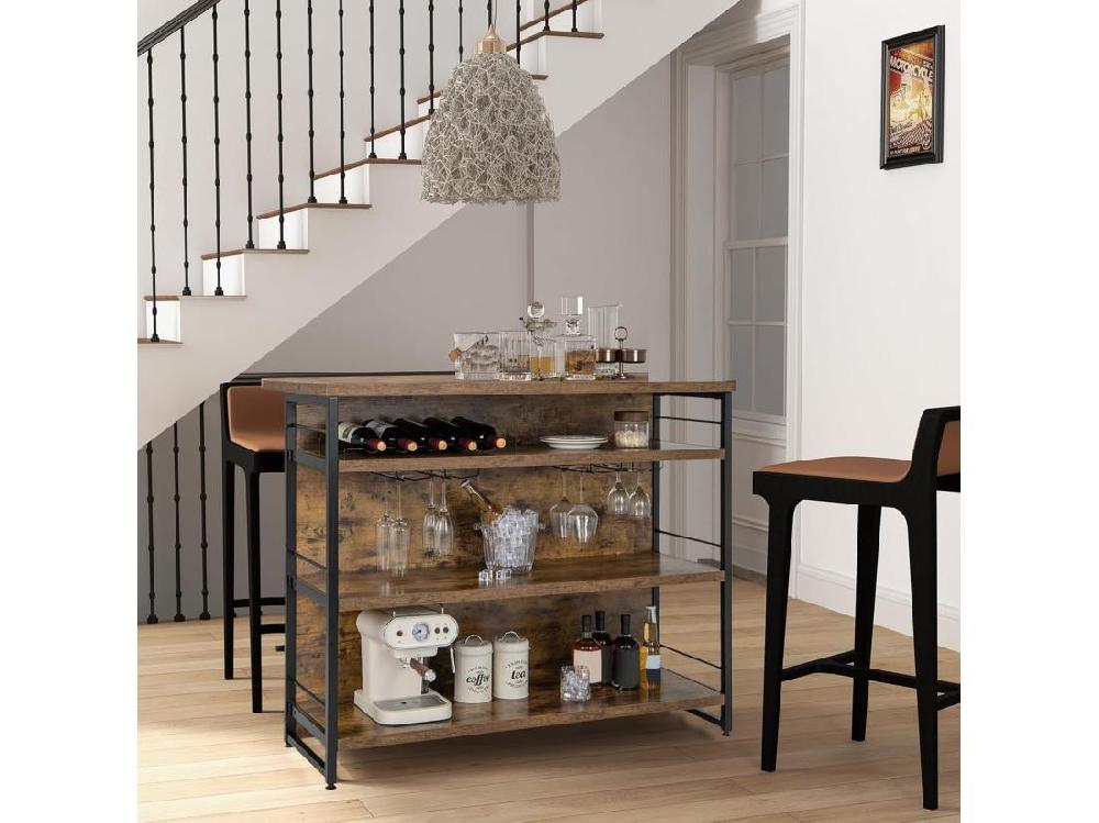 Vente Unique Ilot Central Industriel Table De Bar à 4 Niveaux Avec 3 Étagères Ouvertes Casier à Vin Et Supports Pour Verres à Pied Repose-Pieds （Marron Rustique)