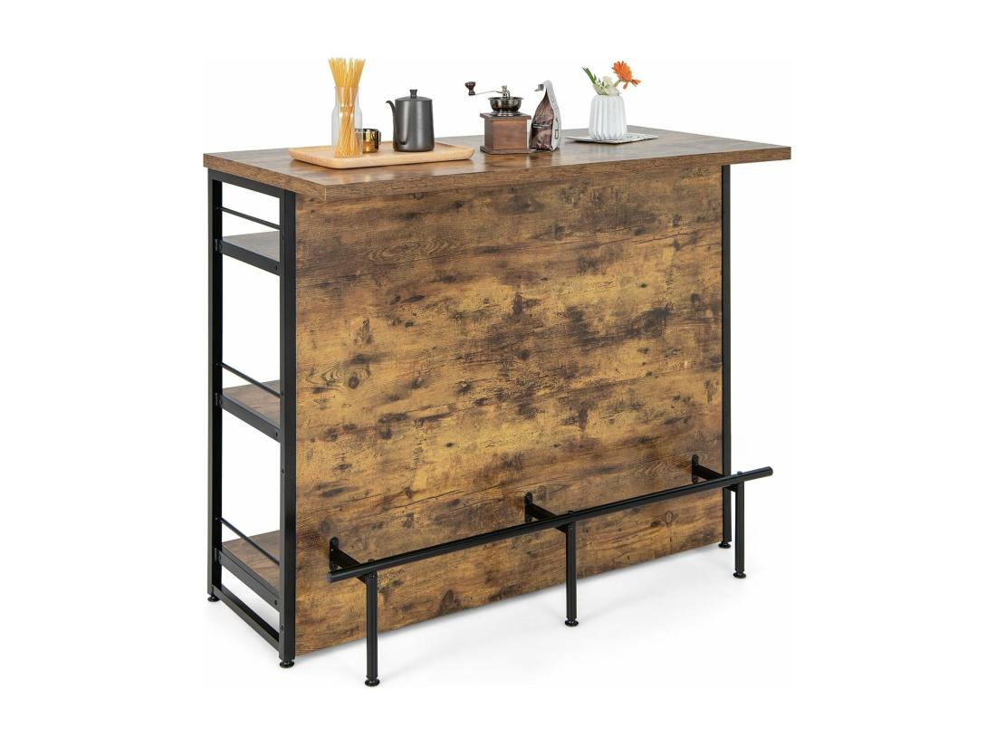 Vente Unique Ilot Central Industriel Table De Bar à 4 Niveaux Avec 3 Étagères Ouvertes Casier à Vin Et Supports Pour Verres à Pied Repose-Pieds （Marron Rustique)