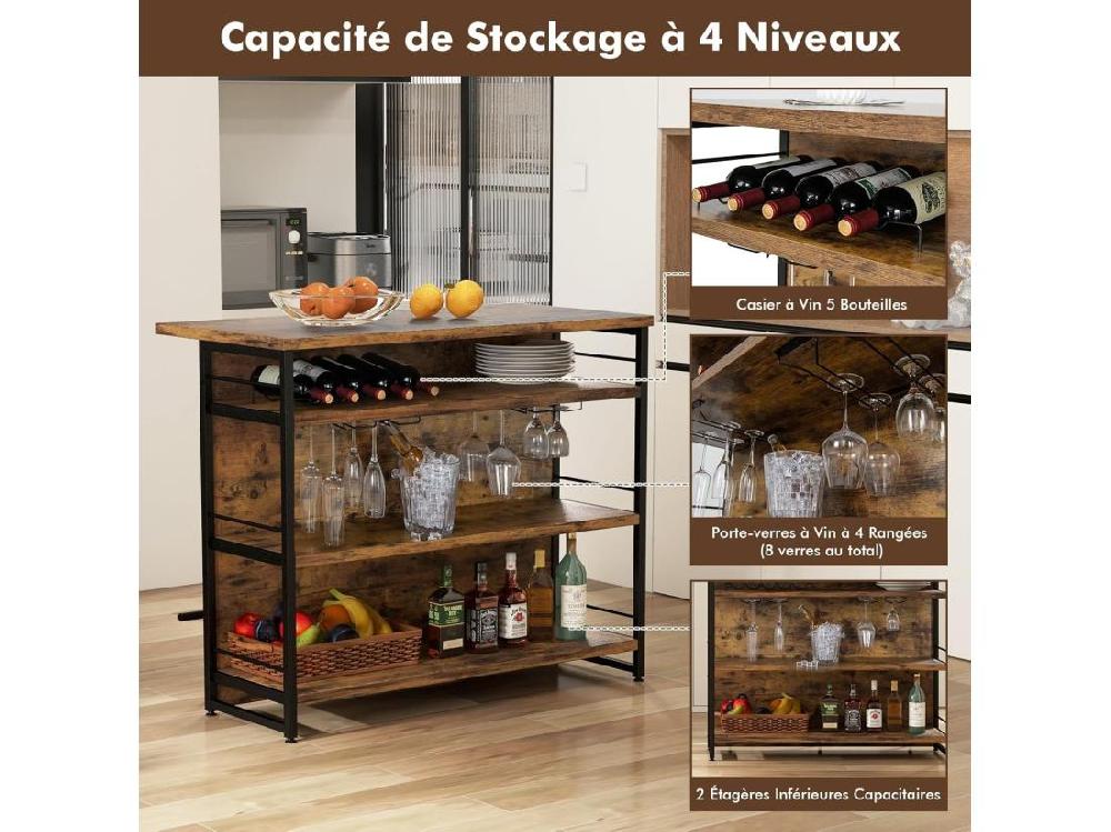 Vente Unique Ilot Central Industriel Table De Bar à 4 Niveaux Avec 3 Étagères Ouvertes Casier à Vin Et Supports Pour Verres à Pied Repose-Pieds （Marron Rustique)
