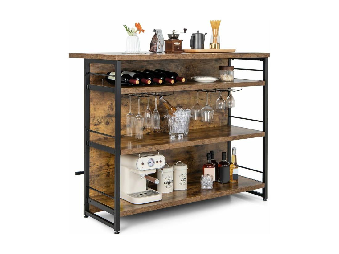 vente unique Ilot Central Industriel Table de Bar à 4 Niveaux avec 3 Étagères Ouvertes Casier à Vin et Supports pour Verres à Pied Repose-Pieds (Marron Rustique)