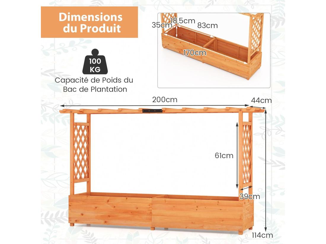 Vente Unique Jardinière Avec 2 Treillis Latéraux En Bois De Sapin Avec Trou De Drainage Lit De Jardin Surélevé Résistance Aux Intempéries 200 X 44 X 114 Cm