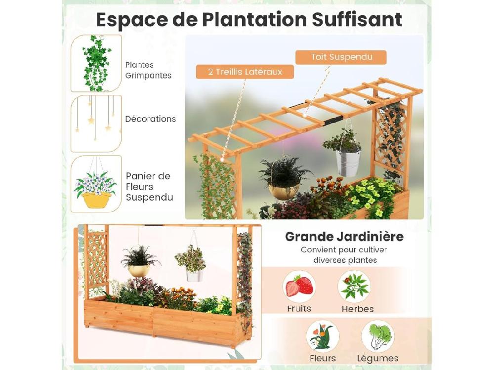 vente unique Jardinière avec 2 Treillis Latéraux en Bois de Sapin avec Trou de Drainage Lit de Jardin Surélevé Résistance aux Intempéries 200 x 44 x 114 cm
