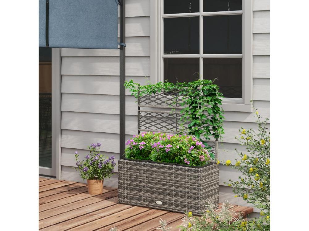 Vente Unique Jardinière Avec Treillis Dim. 84L X 30l X 107H Cm 3 Bacs Inserts D'irrigation Inclus PE Imitation Rotin Tressé Gris