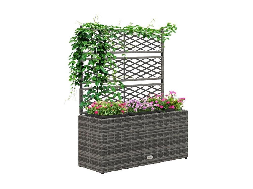 vente unique Jardinière avec treillis dim. 84L x 30l x 107H cm 3 bacs inserts d'irrigation inclus PE imitation rotin tressé gris