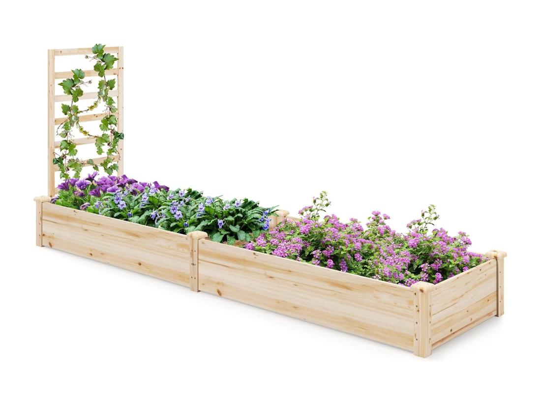 Vente Unique Jardinière Avec Treillis En Bois Avec Base Ouverte 2 Bacs à Fleurs Extérieur Pour Plante Grimpante Lit De Jardin Surélevée Résistance à La Pourriture 235 X 63 X 102 Cm