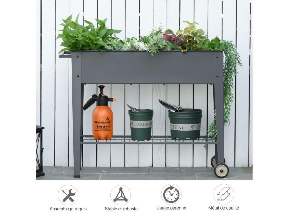Vente Unique Jardinière Sur Pieds Potager Dim. 104L X 39l X 80H Cm étagère 2 Roues + Insert D'irrigation Métal Gris