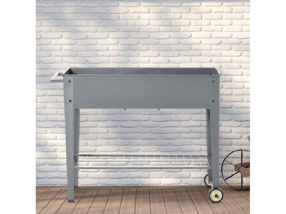 vente unique Jardinière sur pieds potager dim. 104L x 39l x 80H cm étagère 2 roues + insert d'irrigation métal gris