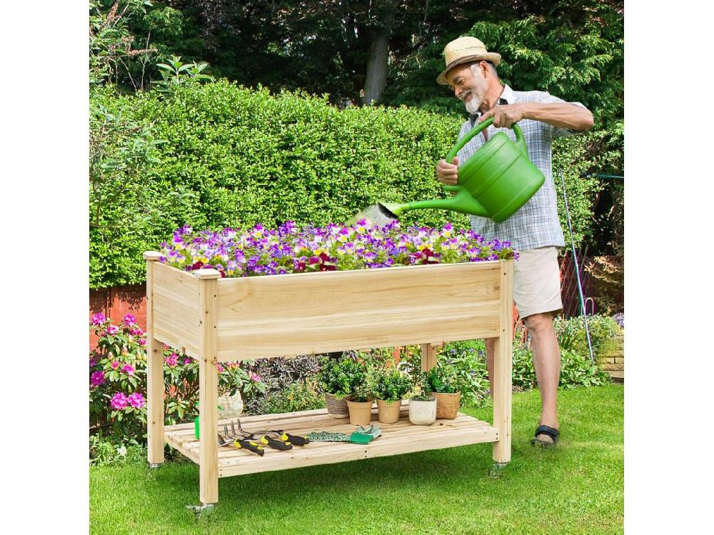 Vente Unique Jardinière Surélevée En Bois Avec Roues Verrouillables Lit De Jardin Avec Étagère Et Doublure De Protection 4 Trous De Drainage (120 X 59 X 84 Cm)