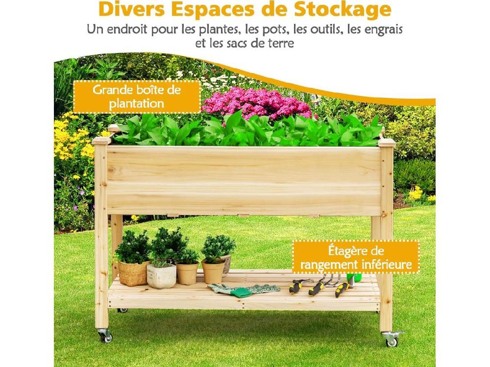 Vente Unique Jardinière Surélevée En Bois Avec Roues Verrouillables Lit De Jardin Avec Étagère Et Doublure De Protection 4 Trous De Drainage (120 X 59 X 84 Cm)