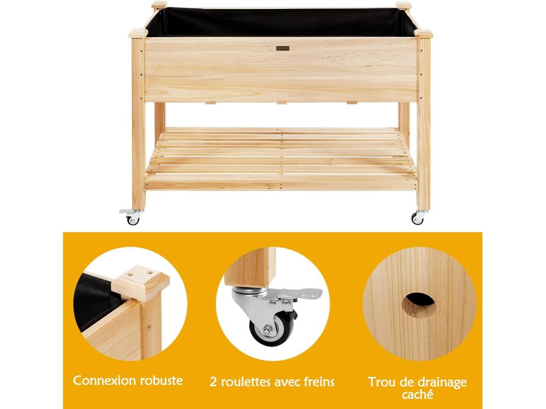 Vente Unique Jardinière Surélevée En Bois Avec Roues Verrouillables Lit De Jardin Avec Étagère Et Doublure De Protection 4 Trous De Drainage (120 X 59 X 84 Cm)