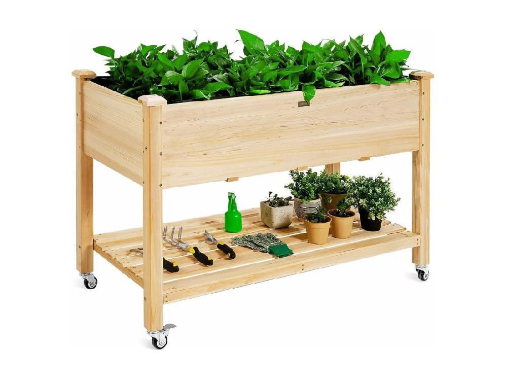vente unique Jardinière Surélevée en Bois avec Roues Verrouillables Lit de Jardin avec Étagère et Doublure de Protection 4 Trous de Drainage (120 x 59 x 84 cm)