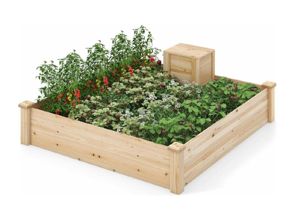 Vente Unique Jardinière Surélevée En Bois Base Ouverte Grand Lit De Jardin Carré Avec Bac à Compost Pour Légumes Fleurs Herbes Pour Patio Balcon Naturel 124 X 124 X 25 5 Cm