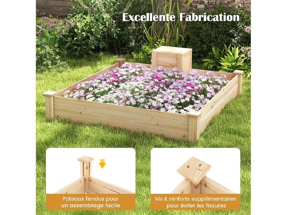 vente unique Jardinière Surélevée en Bois Base Ouverte Grand Lit de Jardin Carré avec Bac à Compost pour Légumes Fleurs Herbes pour Patio Balcon Naturel 124 x 124 x 25 5 cm