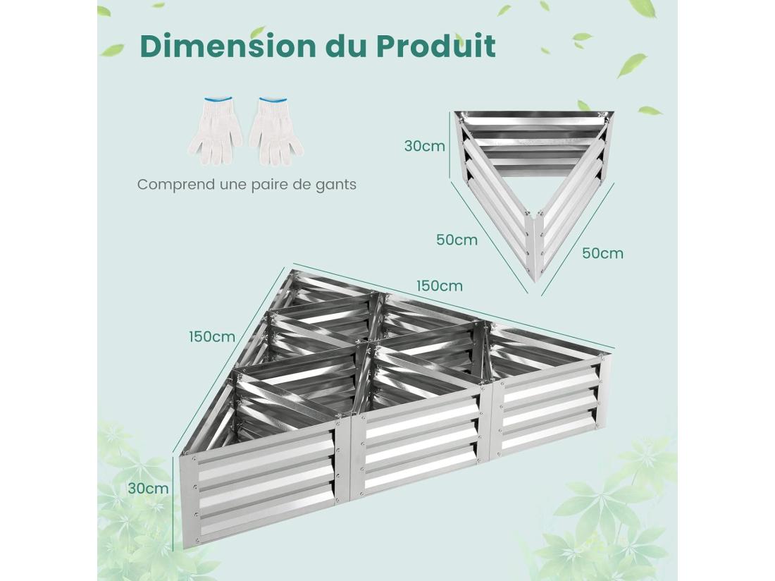 Vente Unique Jardinière Surélevée Triangulaire Galvanisée Avec 6 Espaces 150x150x30 Cm Grand Lit De Jardin Résistant Aux Intempéries Pour Culture Fruits Légumes Pour Patio Balcon