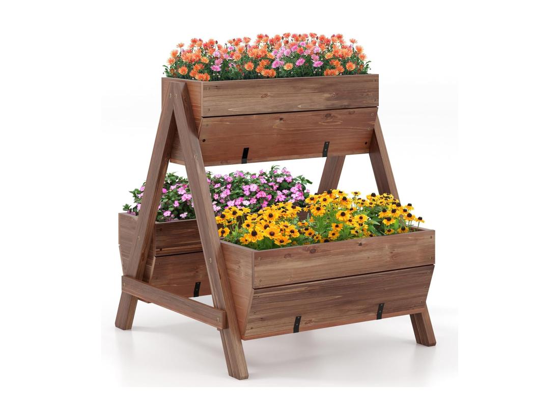 Vente Unique Jardinière Surélevée Verticale En Bois Lit De Jardin à 2 Niveaux Avec 3 Bacs à Plantes Charge 30KG Trous De Drainage Pour Fruits Fleurs Légumes Marron 66 X 73 X 73 Cm