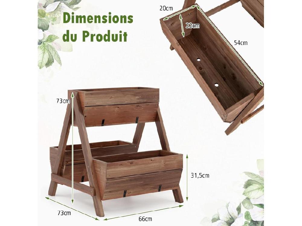 Vente Unique Jardinière Surélevée Verticale En Bois Lit De Jardin à 2 Niveaux Avec 3 Bacs à Plantes Charge 30KG Trous De Drainage Pour Fruits Fleurs Légumes Marron 66 X 73 X 73 Cm