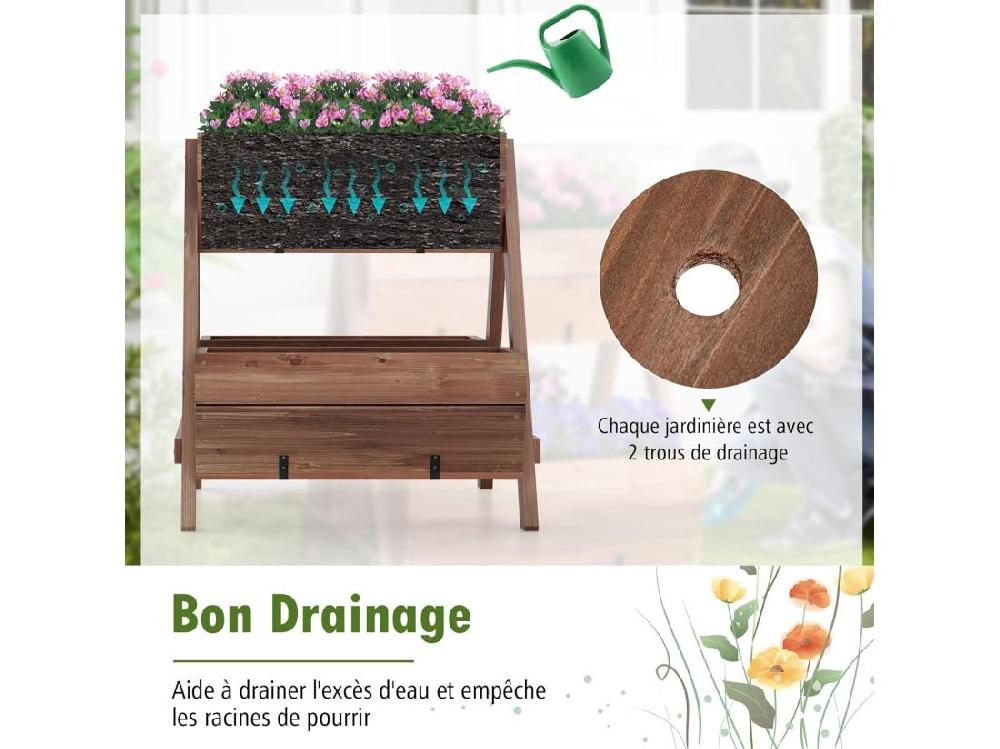 vente unique Jardinière Surélevée Verticale en Bois Lit de Jardin à 2 Niveaux avec 3 Bacs à Plantes Charge 30KG Trous de Drainage pour Fruits Fleurs Légumes Marron 66 x 73 x 73 cm