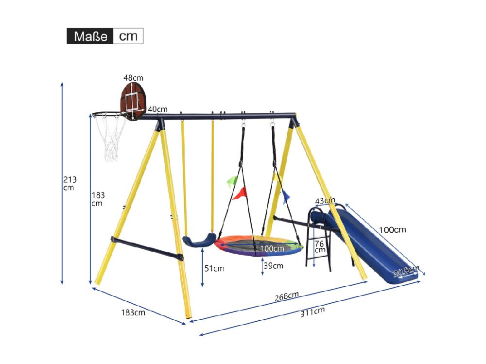 Vente Unique Jeux Plein Air 4 En 1 Avec 2 Balançoire Basket-ball Panier De Basket-ball Et Toboggan 3 à 8 Ans 311x183x213cm