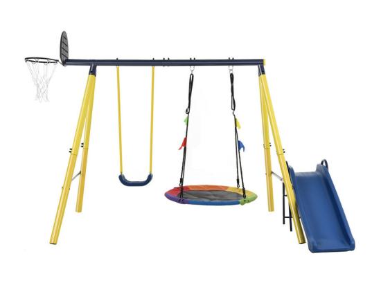 Vente Unique Jeux Plein Air Cadre En Métal - 2 Balançoires Réglable En Hauteur、panier De Basket-ball Et Toboggan - Convient Aux Enfants à Partir De 3 Ans - Jaune