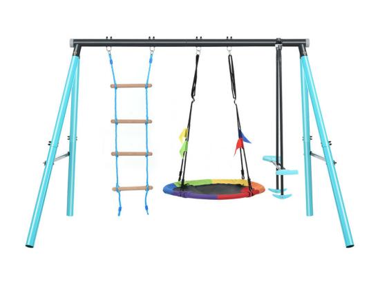 Vente Unique Jeux Plein Air Cadre En Métal - Balançoire Réglable En Hauteur Et échelle D'escalade - Convient Aux Enfants à Partir De 3 Ans - Bleu