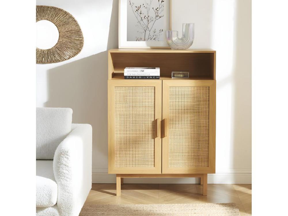 Vente Unique June - Meuble à Chaussures 2 Portes 1 Niche En Bois Et Cannage L80cm - Bois Clair