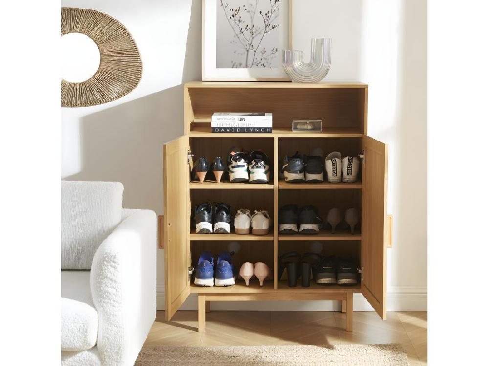 Vente Unique June - Meuble à Chaussures 2 Portes 1 Niche En Bois Et Cannage L80cm - Bois Clair