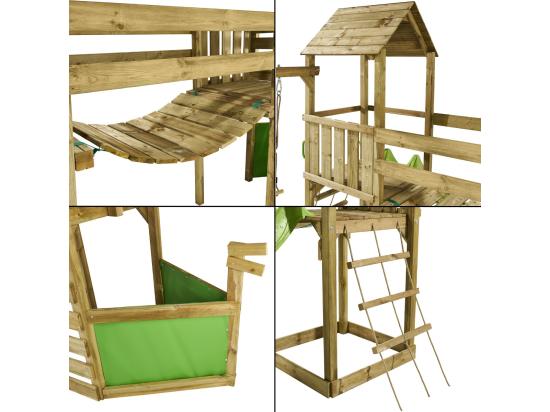 Vente Unique Kangui - Aire De Jeux Pirate En Bois Avec Vigie WILLI - Balançoire Trapèze Toboggan Mur D'escalade Cabane Sur Plateforme Pont Suspendu