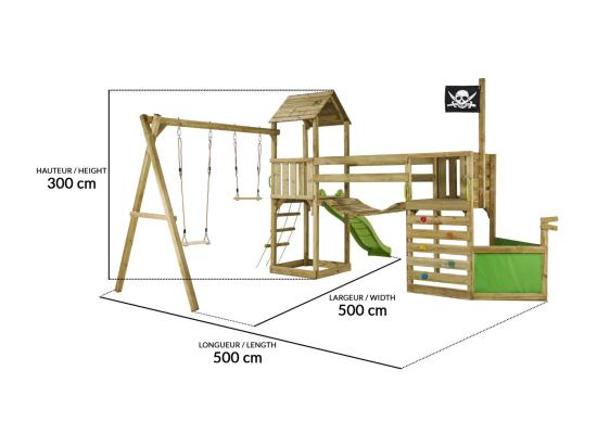 Vente Unique Kangui - Aire De Jeux Pirate En Bois Avec Vigie WILLI - Balançoire Trapèze Toboggan Mur D'escalade Cabane Sur Plateforme Pont Suspendu