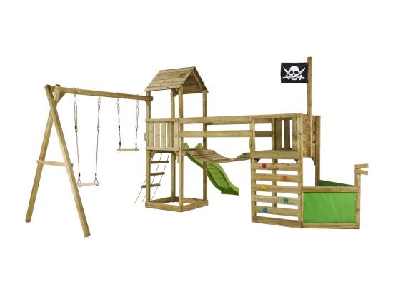 vente unique Kangui - Aire de jeux pirate en bois avec vigie WILLI - Balançoire trapèze toboggan mur d'escalade cabane sur plateforme pont suspendu