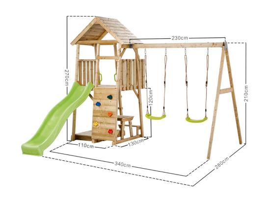 Vente Unique KANGUI Aire De Jeux Portique En Bois WOODI - Double Balançoire Ou Nid Toboggan Mur D'escalade Bac A Sable Table Pique Nique Cabane échelle