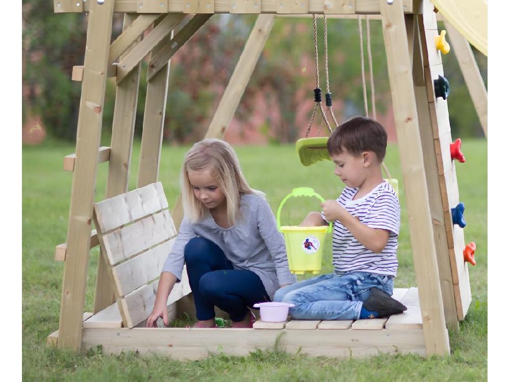 Vente Unique KANGUI Aire De Jeux Portique En Bois WOODI - Double Balançoire Et Nid Ø100cm Toboggan Mur D'escalade Bac A Sable Cabane échelle