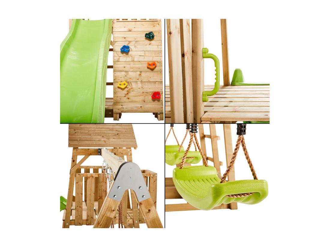 Vente Unique KANGUI Aire De Jeux Portique En Bois WOODI - Double Balançoire Et Nid Ø100cm Toboggan Mur D'escalade Bac A Sable Cabane échelle