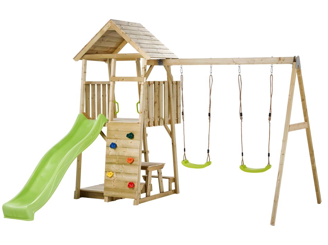 Vente Unique KANGUI Aire De Jeux Portique En Bois WOODI - Double Balançoire Toboggan Mur D'escalade Bac A Sable Table Pique Nique Cabane échelle