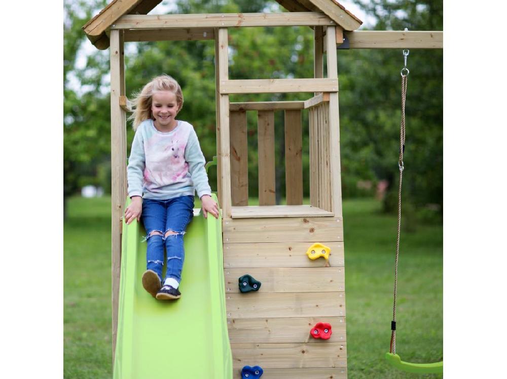 Vente Unique KANGUI Aire De Jeux Portique En Bois WOODI - Double Balançoire Toboggan Mur D'escalade Bac A Sable Table Pique Nique Cabane échelle