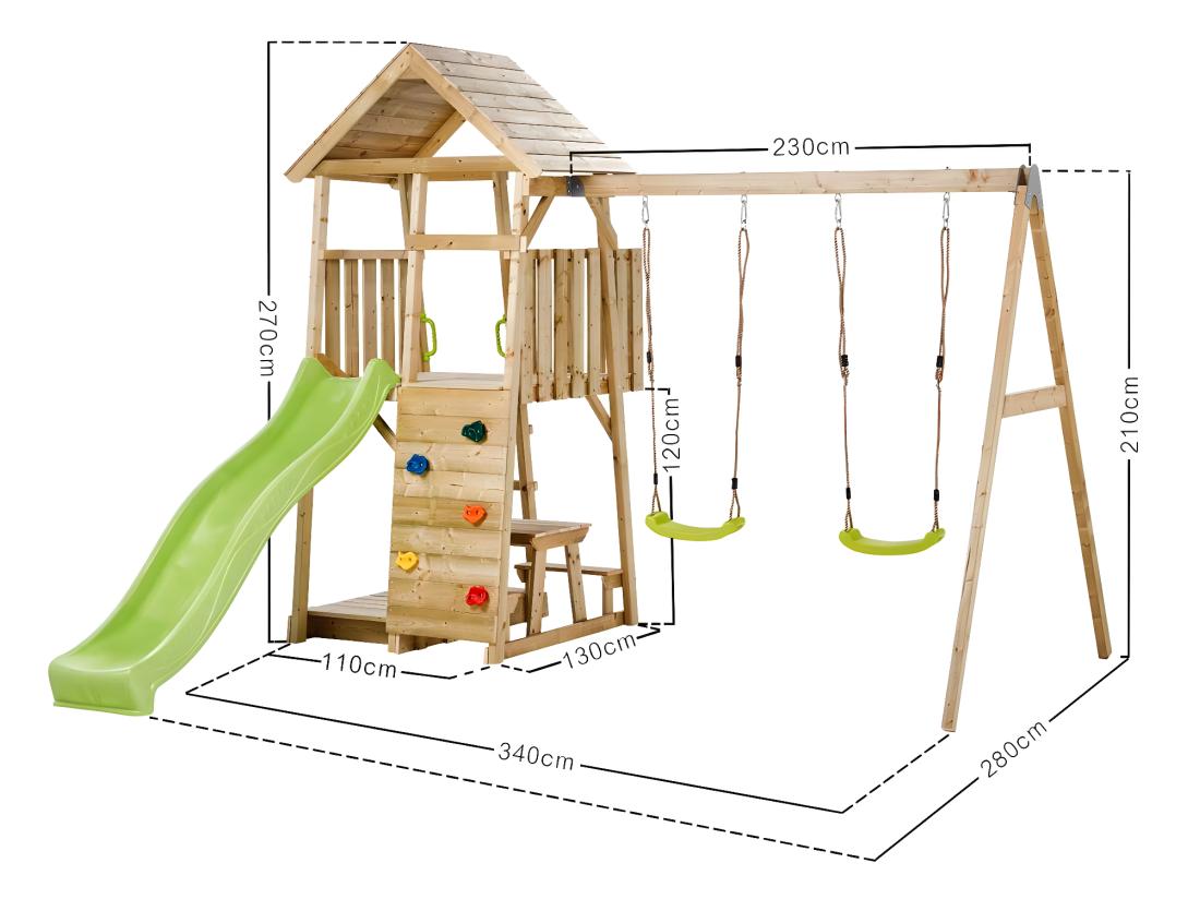 Vente Unique KANGUI Aire De Jeux Portique En Bois WOODI - Double Balançoire Toboggan Mur D'escalade Bac A Sable Table Pique Nique Cabane échelle