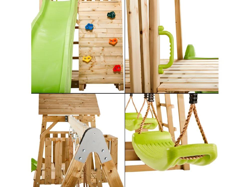 vente unique KANGUI Aire de jeux portique en bois WOODI - Double balançoire toboggan mur d'escalade bac a sable table pique nique cabane échelle