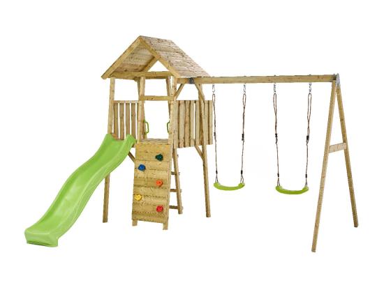 vente unique KANGUI Aire de jeux portique en bois WOODI - Double balançoire toboggan mur d'escalade cabane échelle