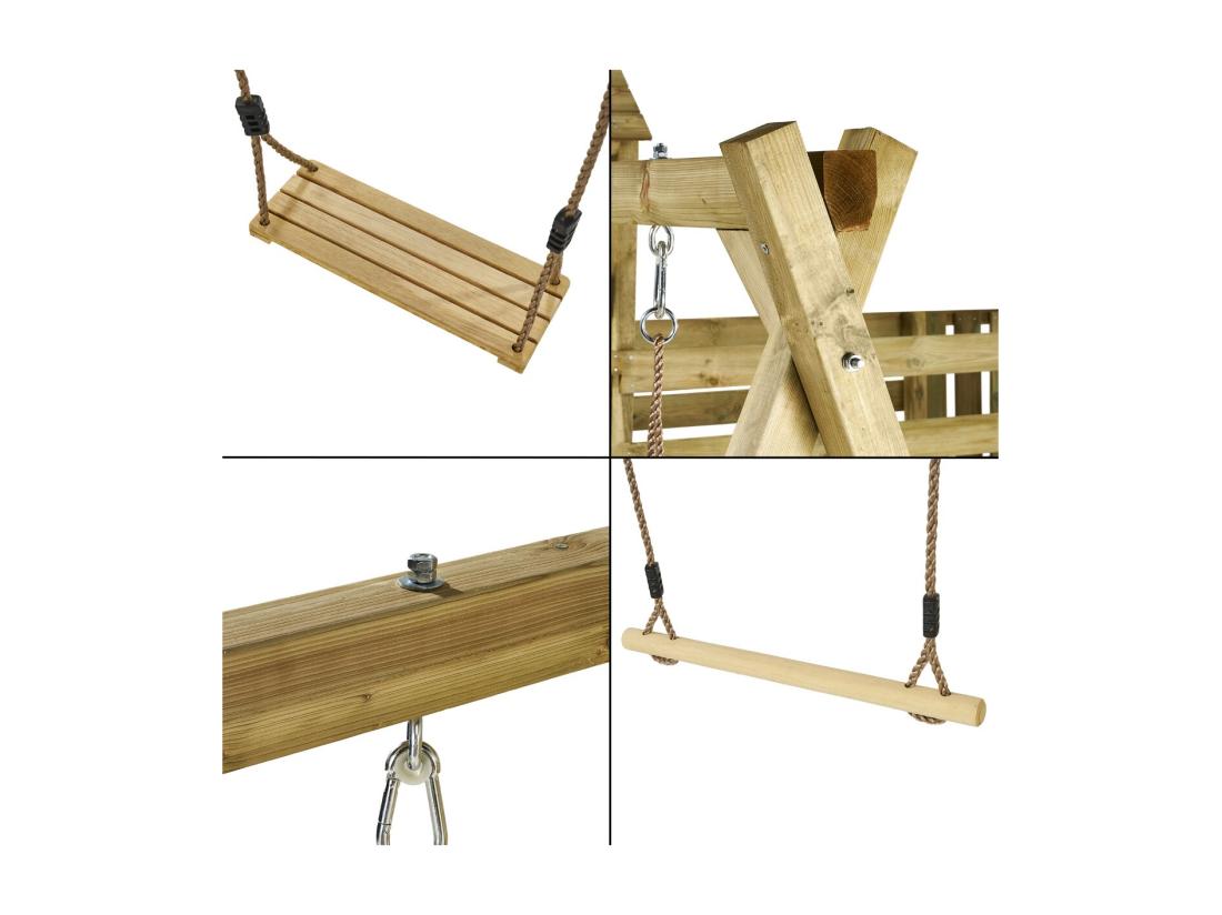 Vente Unique Kangui - Tour De Jeux En Bois Avec Double Plateformes WOUPI - Balançoire Trapèze Mur D'escalade Et Cabane