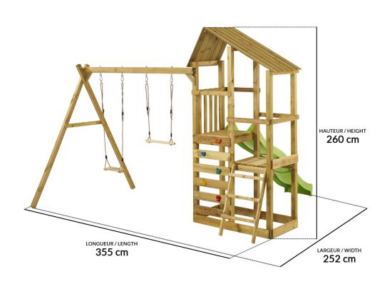 Vente Unique Kangui - Tour De Jeux En Bois Avec Double Plateformes WOUPI - Balançoire Trapèze Mur D'escalade Et Cabane