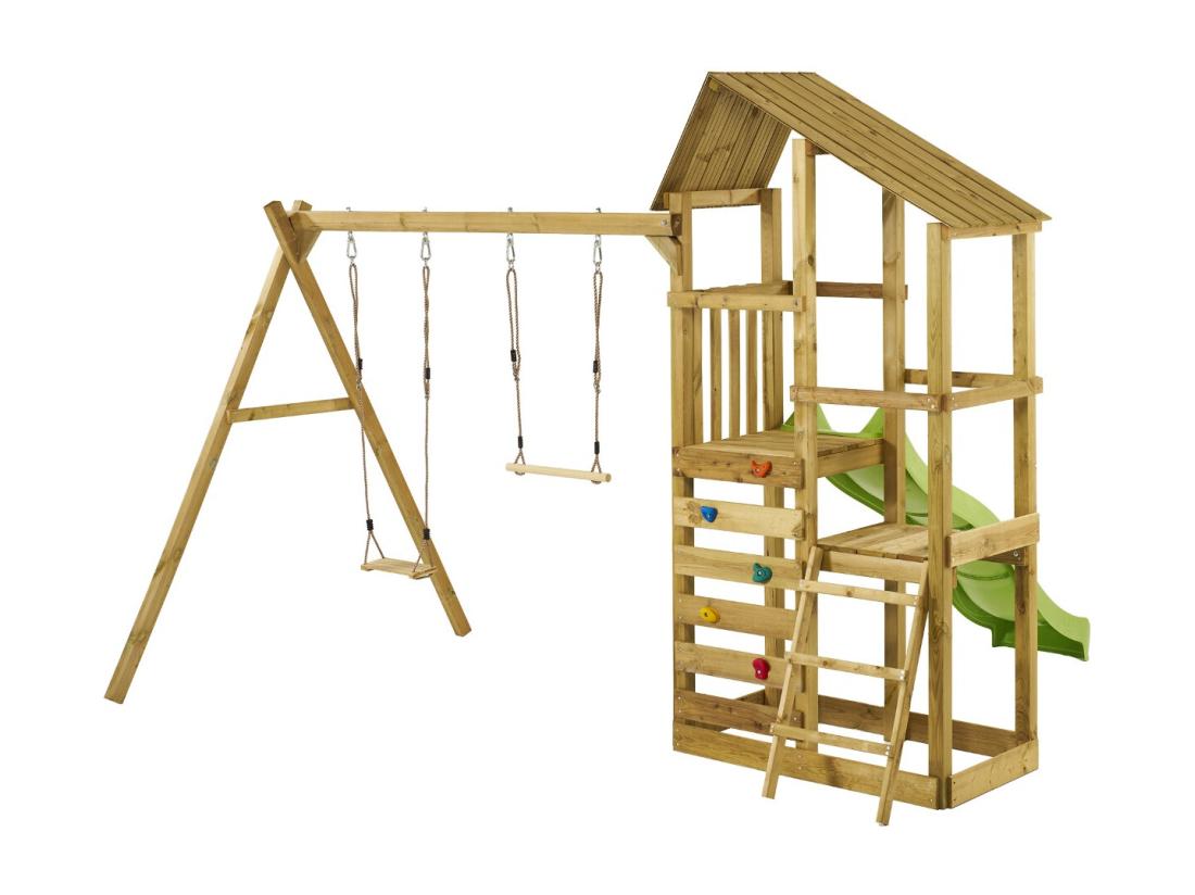 vente unique Kangui - Tour de jeux en bois avec double plateformes WOUPI - Balançoire trapèze mur d'escalade et cabane